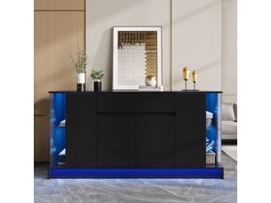 Buffet vitrine 150x40x75cm double porte, tiroir, éclairage led piloté par appli et espace de présentation, façades brillantes, panneaux de particules,noir