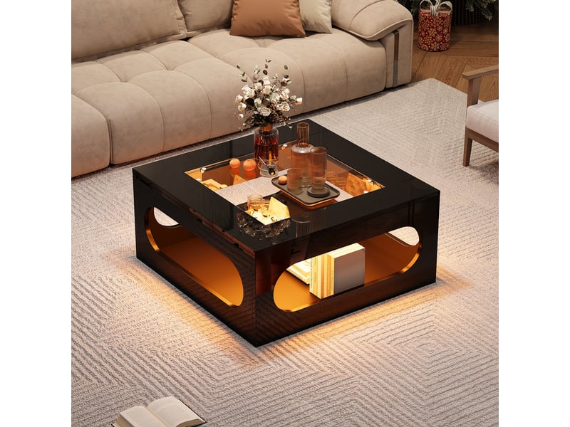  Table basse carrée 70x70x35 cm, table de salon led avec plateau en verre trempé, design creux, noir  - Conforama E