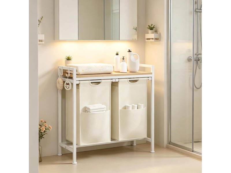 Trieur de linge 70x71x30 cm 2 compartiments bois métal blanc chêne clair - Conforama E