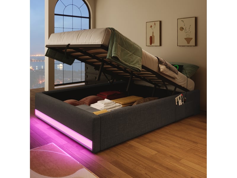  Modenvie lit coffre 90x200 cm - avec led multicolore, ports usb et usb-c, rangement hydraulique - gris  - Conforama E