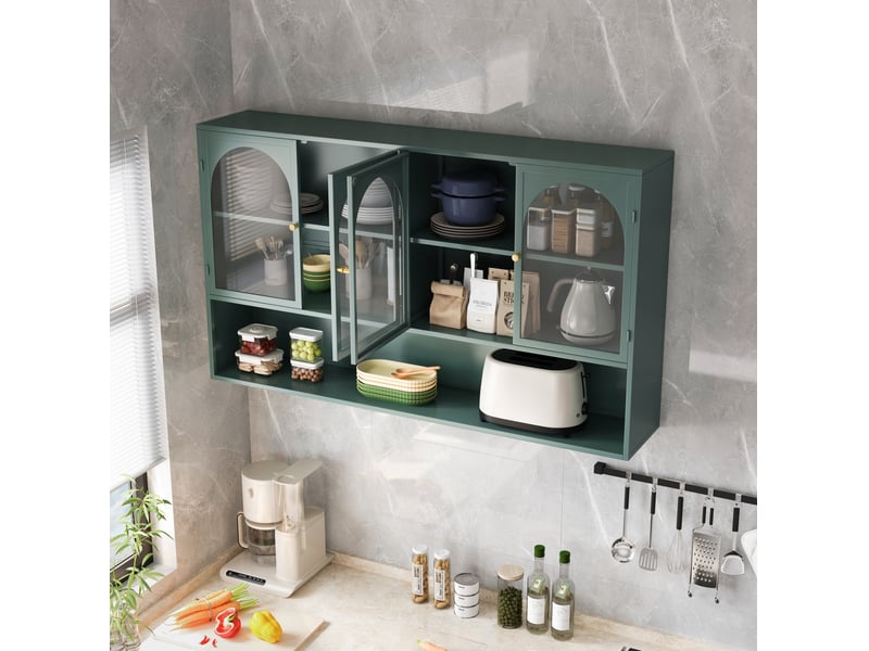 Armoire murale 4 portes 120x23x70 cm verre gris métal vert foncé  - Conforama B