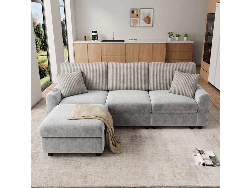  Canapé 4 places en tissu chenille et velours côtelé gris, 223×146×84 cm, pouf inclus, 2 coussins, port usb et type-c  - Conforama E
