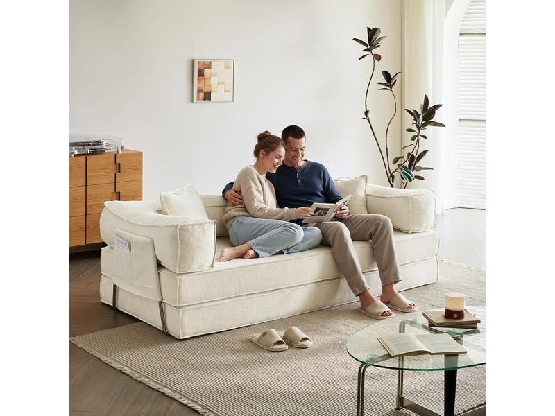  Canapé-lit convertible 3 places, sofa de sol modulaire, avec coussins amovibles，207x106x68cm，beige  - Conforama B