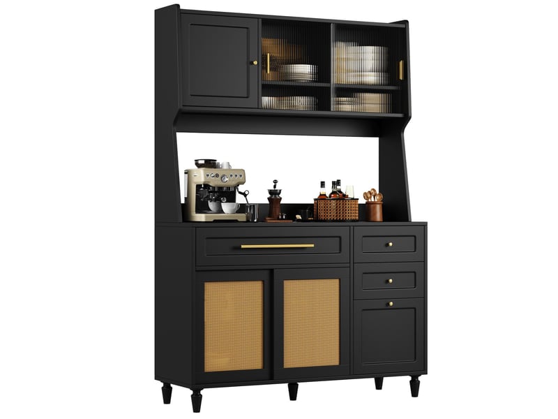  Armoire haute de cuisine avec porte coulissante en pe-rattan,éclairage led,étagères réglables et 3 tiroirs,noir,multifonctionnelle et anti-basculement  - Conforama A