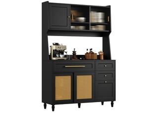 Armoire haute de cuisine avec porte coulissante en pe-rattan,éclairage led,étagères réglables et 3 tiroirs,noir,multifonctionnelle et anti-basculement