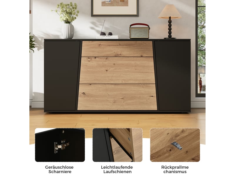  Buffet bas 140x35x70 cm avec 2 portes, 3 tiroirs, étagères réglables, sans poignées, noir et effet bois naturel, pour cuisine et salon  - Conforama E