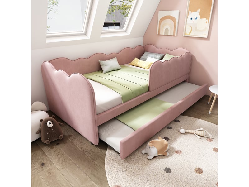  Lit jour avec lit d'appoint en velours rose 99x197 cm  - Conforama D