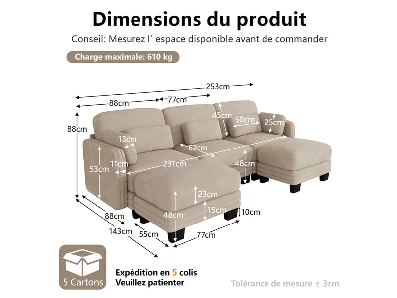 Canapé modulable tcqpz 3 places en u avec 2 poufs repose-pieds 253 x 143 x 88 cm chenille marron clair - Conforama C