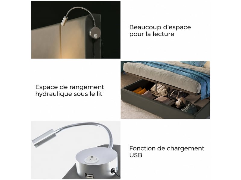  Lit coffre 140x200 avec sommier, liseuse usb, gris, sans matelas  - Conforama D