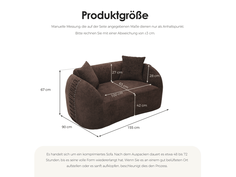  Canapé droit moderne 2 places 155x90x67 cm compressé incurvé, pour salon, pratique, mousse et tissu chenille, marron  - Conforama C