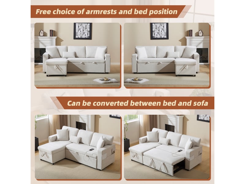Canapé d’angle convertible 3 places réversible 214x131 cm avec couchage 182x110 cm coffre étagère usb flanelle beige OPULERANE TRADING LTD - Conforama E