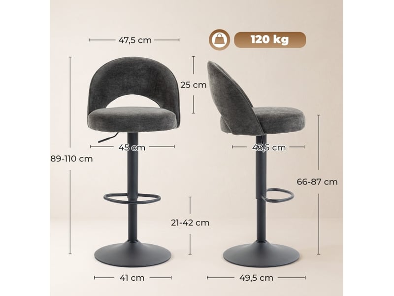  Lot de 2 tabourets de bar modenvie réglables pivotants 360° gris foncé en chenille  - Conforama C