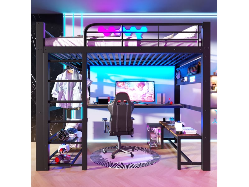 Lit mezzanine 140x200 cm en métal noir avec bureau, led et rangements - Conforama D
