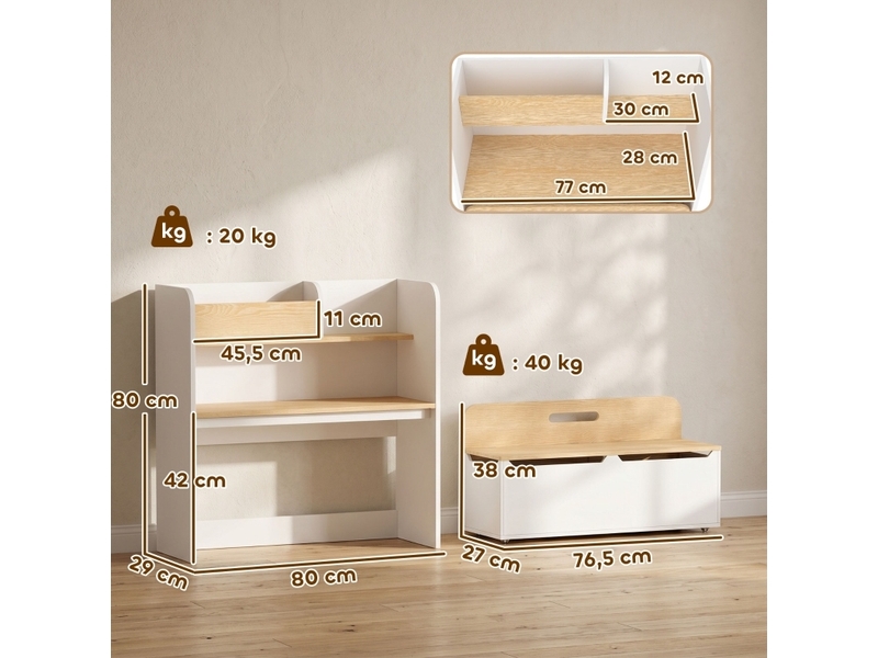  Ensemble bureau enfant 5-en-1 80x29x80 cm blanc en mdf, banc roulant et rangement pour 3 à 8 ans  - Conforama C