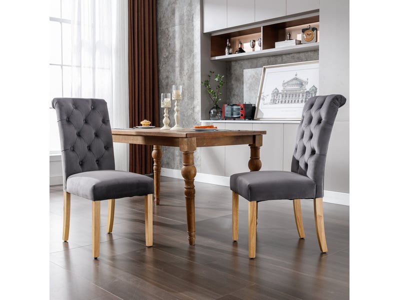  Lot de 4 chaises salle à manger 63x45x100 cm, velours gris, pieds en bois, haut dossier, clous chromés  - Conforama E