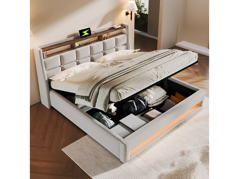Lit coffre hydraulique 140x200 cm avec led et usb, lit double rembourré avec tête de lit à étagère, sommier à lattes, lin - beige clair - Conforama C