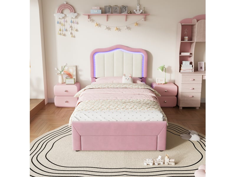  Lit avec rangement enfant 90x200 cm en velours rose avec tiroir et éclairage led  - Conforama E
