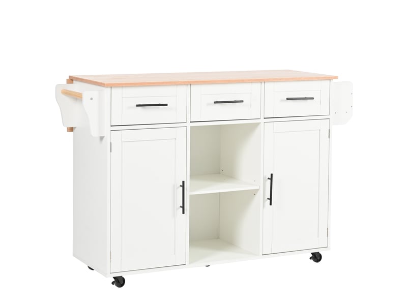  Desserte de cuisine avec 3 tiroirs, niches réglables, plateau rabattable, porte-serviettes et roulettes, en mdf, 139×46×91,5 cm  - Conforama A