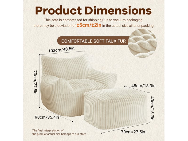 Fauteuil lounge courbé 103 x 90 x 70 cm – blanc – avec pouf assorti pour assise cocooning et salon moderne - Conforama B
