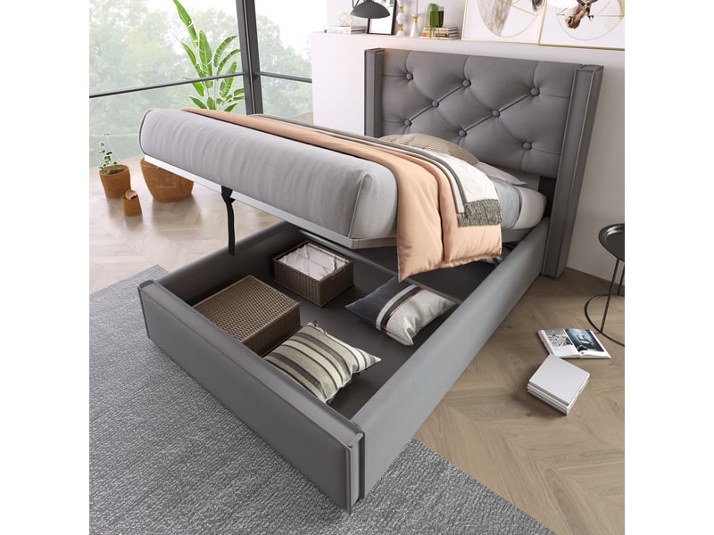  Lit rembourré 90x200cm avec rangement hydraulique, coton gris, sommier à lattes, livré sans matelas, design confortable  - Conforama C