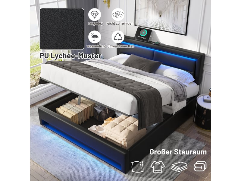 Lit capitonné 140x200 simili cuir noir avec coffre de rangement - led et chargeur sans fil  - Conforama E