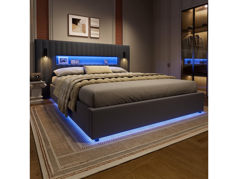  Lit 180x200 cm rembourré avec coffre de rangement, revêtement en velours, lampe de lecture intégrée, modèle junior sans matelas  - Conforama D