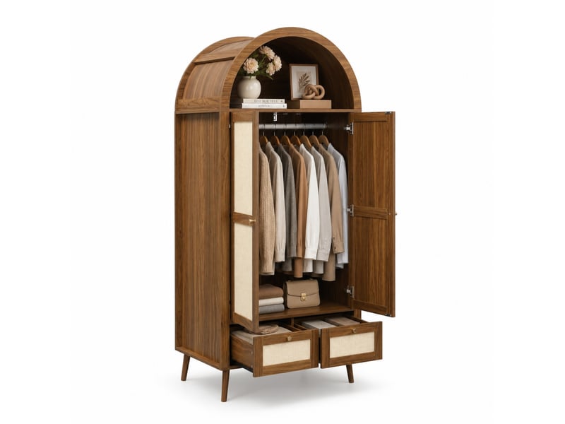 Armoire 2 portes en mdf bois foncé et résine tressée beige, 2 tiroirs, niche ouverte, 80 × 55 × 180 cm - Conforama A