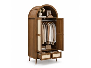 Armoire 2 portes en mdf bois foncé et résine tressée beige, 2 tiroirs, niche ouverte, 80 × 55 × 180 cm