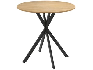 Table à manger ronde pour 2 personnes avec piètement croisé en acier et plateau aspect bois, blanc chêne