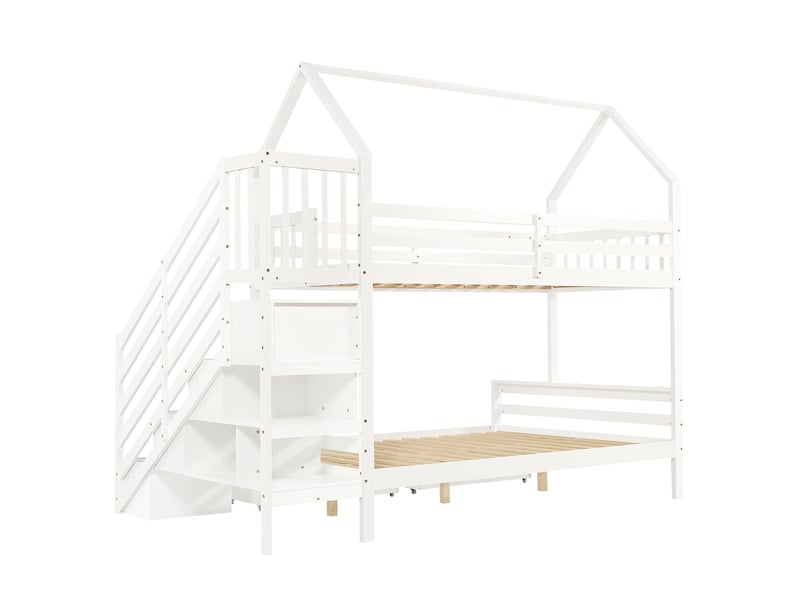  Lit superposé enfant blanc 90x200 et 140x200 en pin mdf, toit, tiroirs et escalier sécurisé  - Conforama D