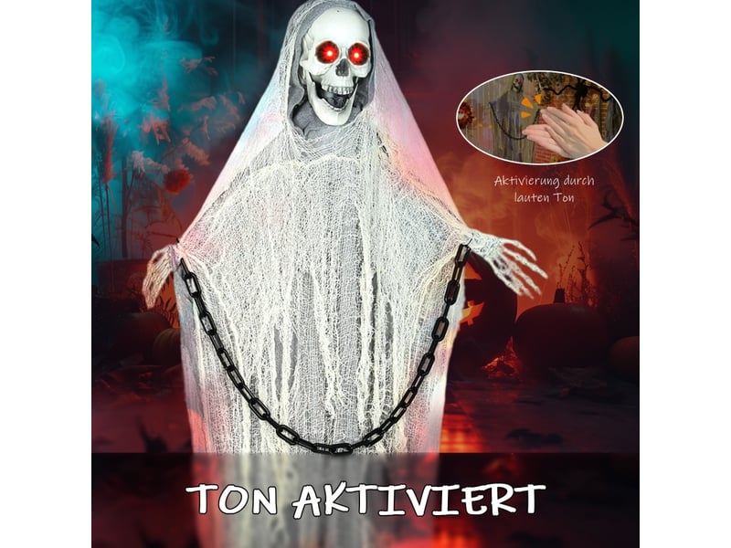  Décoration de jardin halloween avec led, son et mouvements, squelette avec cadre en acier gris 70 × 16 × 183 cm  - Conforama E