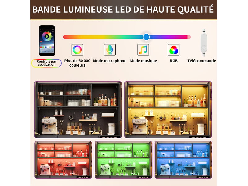  Buffet de cuisine 145x39x171 cm, éclairage éclairage led, avec tiroirs, porte coulissante, meuble de salon, mdf, noir  - Conforama E