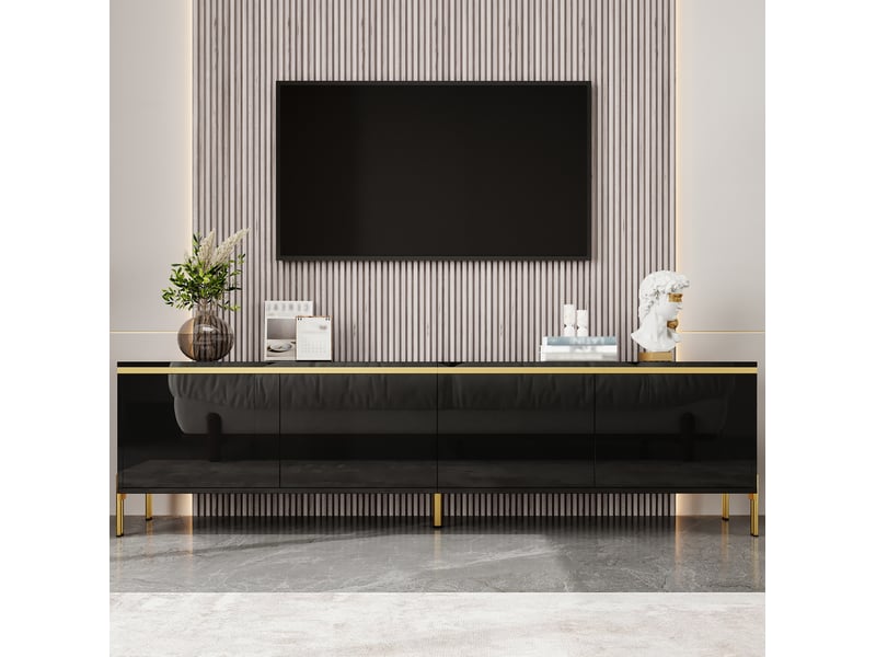  Meuble tv 170x38x50 cm noir brillant avec 4 portes et passe-câbles  - Conforama B