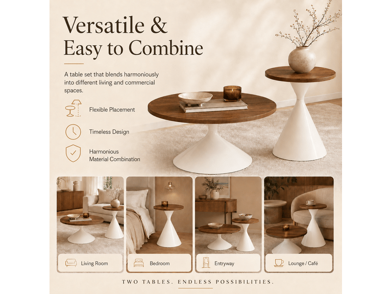 Lot de 2 tables basses rondes en mdf mélaminé bois foncé, pieds acier carbone crème, 70 cm et 50 cm, design moderne - Conforama D