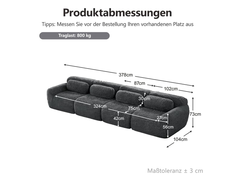  Canapé droit 4 places en tissu bouclette gris, 378 cm, sans structure rigide W3325S00187 - Conforama E