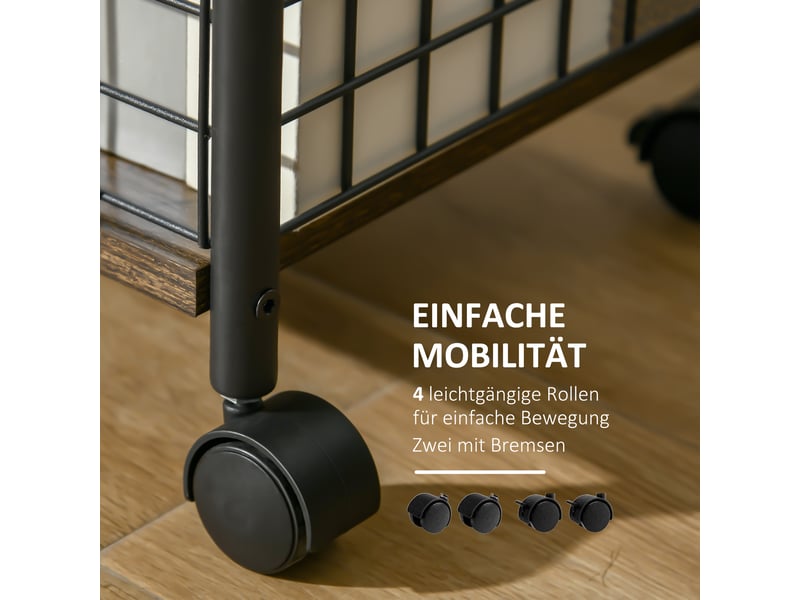 Chariot de service avec plan de travail, 2 paniers de rangement, roulettes 360°, finition rustique brun, 40x30x62cm  - Conforama E