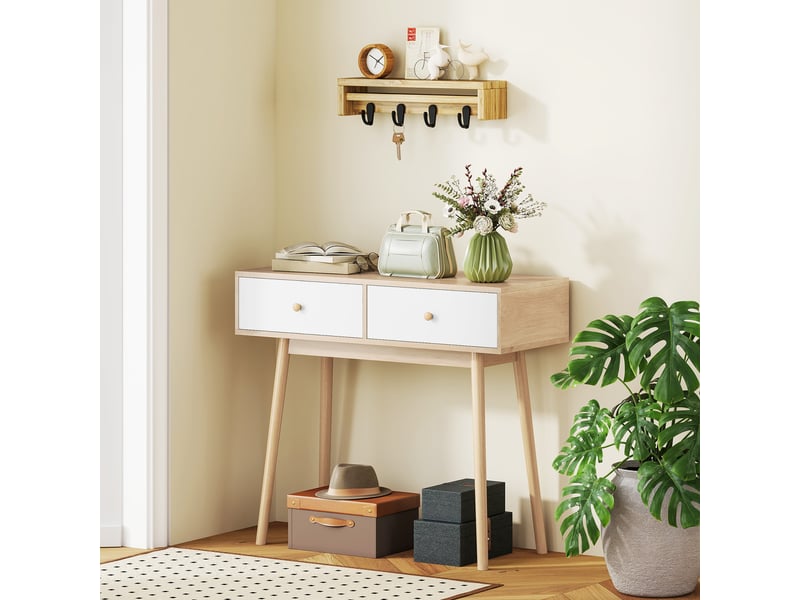  Console à 2 tiroirs, design moderne en chêne et blanc, idéale pour une entrée, un salon ou un couloir, 86 x 35 x 75 cm  - Conforama C