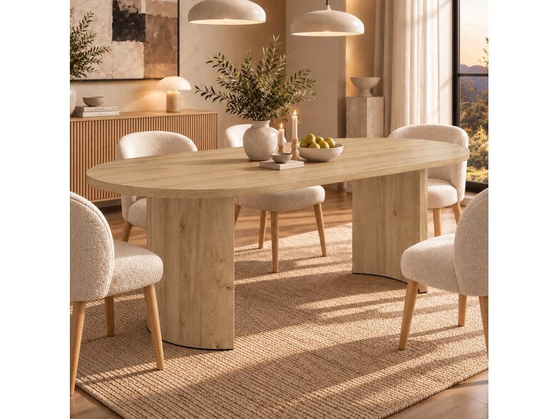  Table à manger 200 x 90 cm – chêne clair – plateau arrondi de 28 mm, pieds courbés pour 6 à 8 personnes  - Conforama B