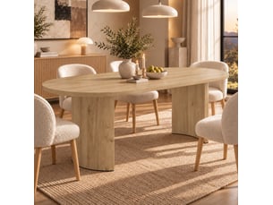 Table à manger 200 x 90 cm – chêne clair – plateau arrondi de 28 mm, pieds courbés pour 6 à 8 personnes
