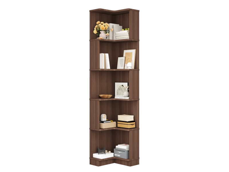 Bibliothèque d’angle 63,5 x 45 x 175 cm, 5 niveaux, éclairage LED RGB avec contrôle par application, rangement multifonction, marron  - Conforama A