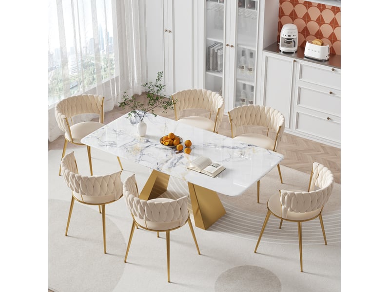Chaise de salle à manger tcqpz lot de 2 en velours ivoire avec accoudoirs dossier ajouré pieds en métal doré 57 x 43 x 70 cm - Conforama E