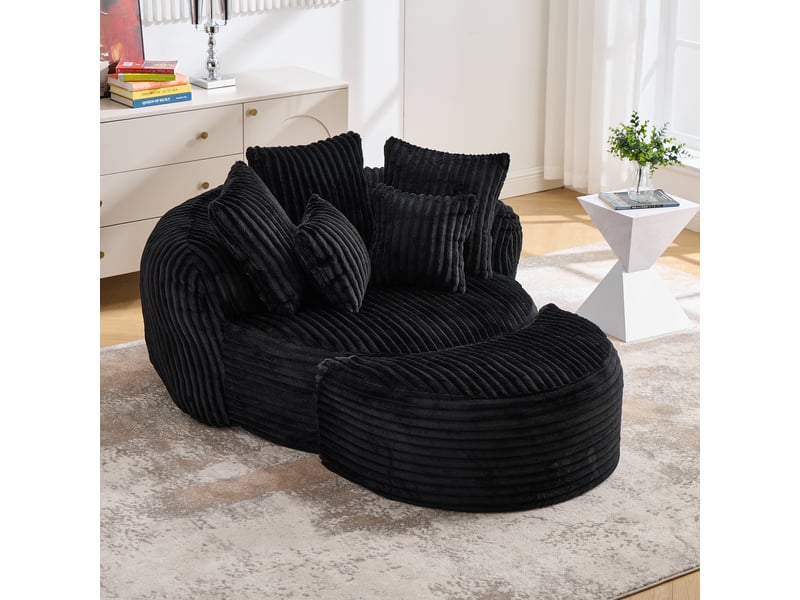  Fauteuil rond avec pouf - 168x123x63 cm - canapé lit lounge velours côtelé avec 5 coussins sans structure rigide - noir  - Conforama B