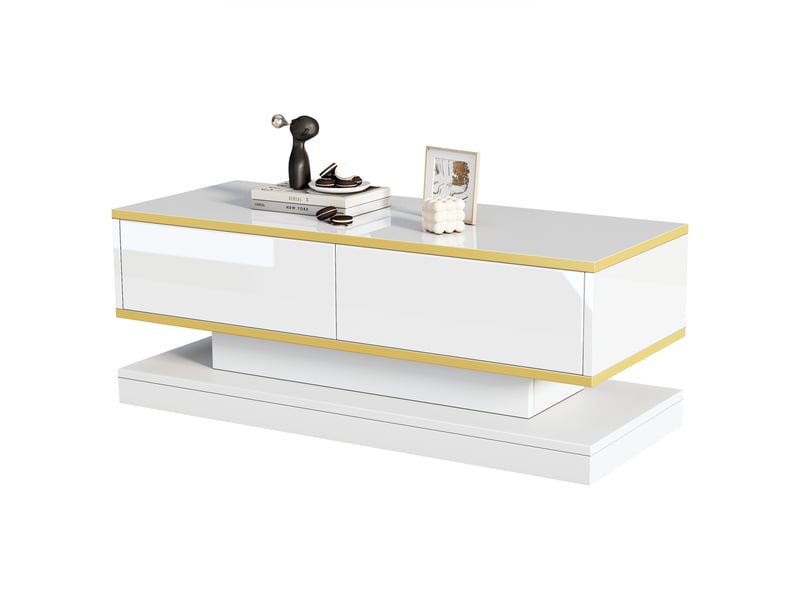  Table basse blanche et or 100x50x38 cm, table de salon brillante avec 2 tiroirs, design unique pour salon  - Conforama R