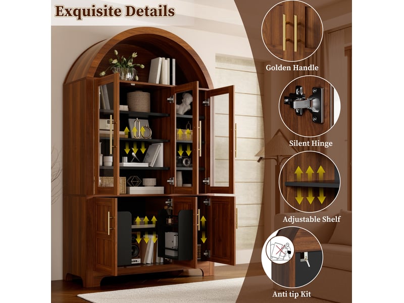  Buffet 110 x 40 x 185 cm niche supérieure en arche, 3 portes vitrées et 3 portes pleines, étagères réglables, poignées en aluminium, noyer  - Conforama D