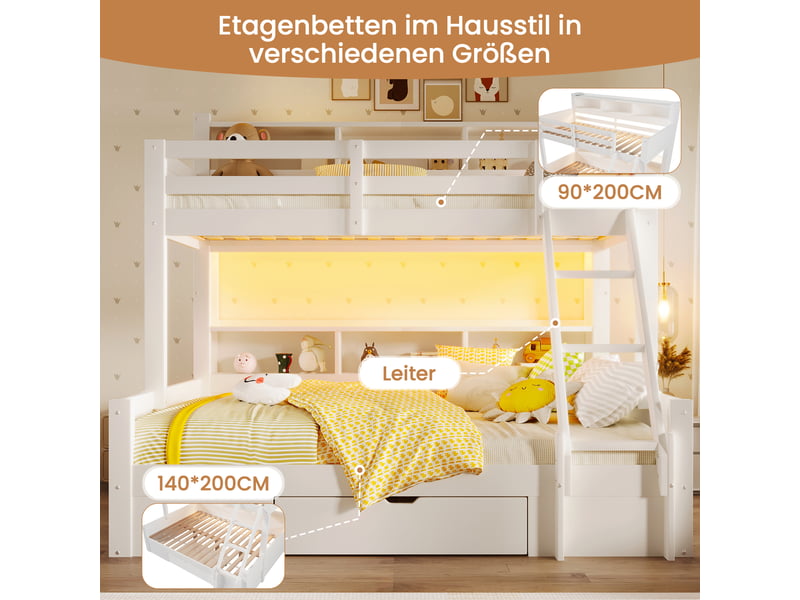  Lit superposé enfant 3 places 90×200 cm et 140×200 cm avec led, rangements et tiroir - okmyhome- sans matelas, blanc  - Conforama E