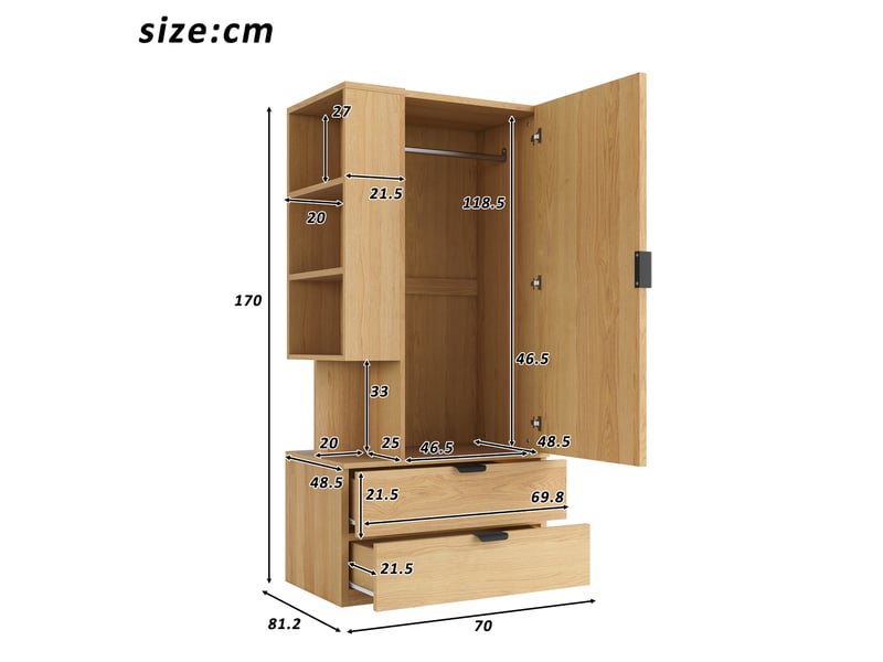  Armoire penderie de chambre 70x50x170 cm - 2 tiroirs - étagères ouvertes - espace penderie - bois et bois reconstitué - bois naturel  - Conforama C