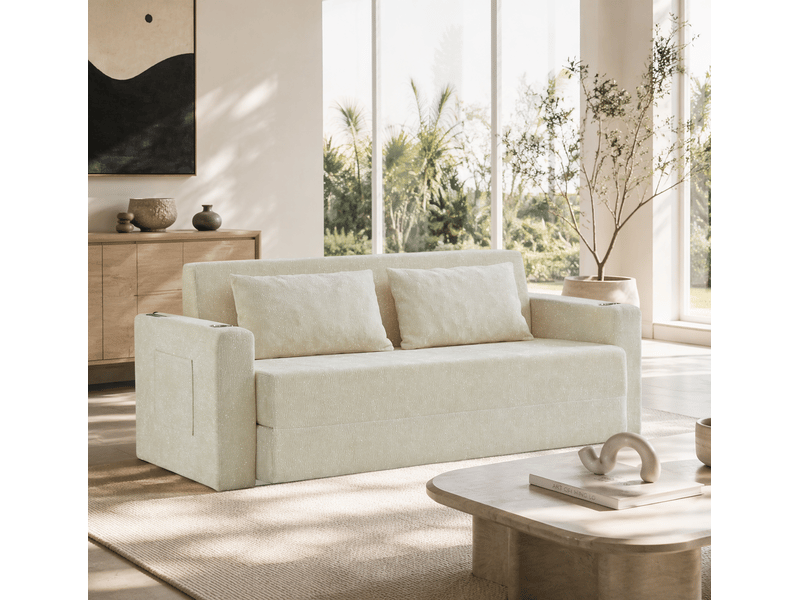  Canapé-lit 2 places 153x77x65 cm - canapé convertible 2 en 1 - canapé pliable - fonction couchage - poches latérales - ports usb - velours - beige CozyNest - Conforama B