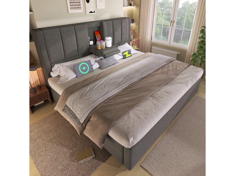  Lit coffre rembourré 140 x 190 cm, rangement hydraulique, porte-gobelet caché, station de recharge, sommier à lattes, lin, gris Bliss Lite - Conforama E