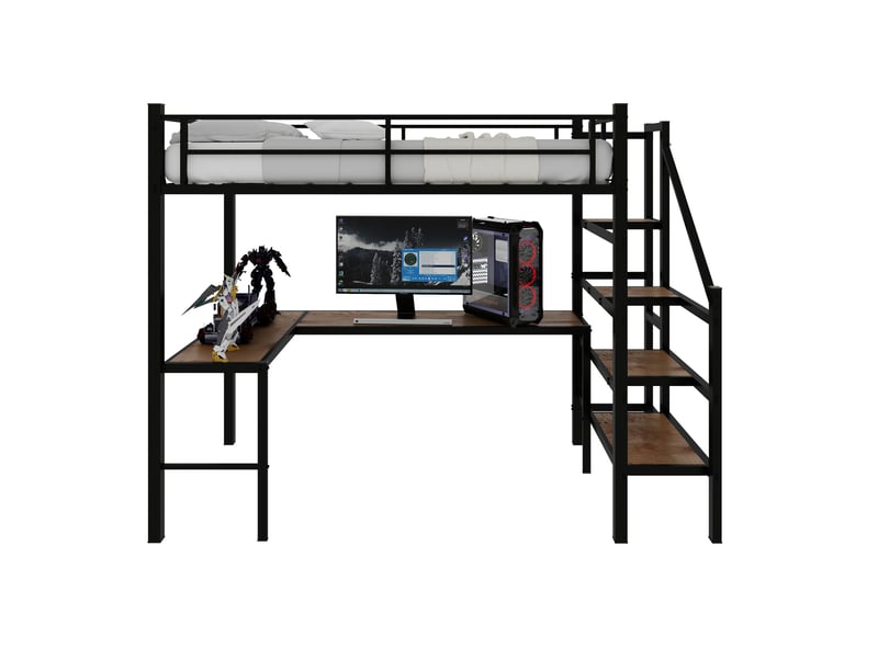  Lit mezzanine 90x190 cm avec bureau en l, rangements et structure métallique noire  - Conforama A