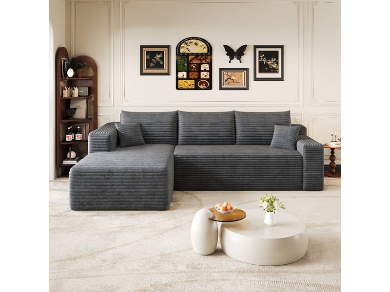  Canapé d'angle gauche en l canapé modulable canapé compressé 3 places canapé nuage en velours côtelé avec accoudoirs - gris  - Conforama B